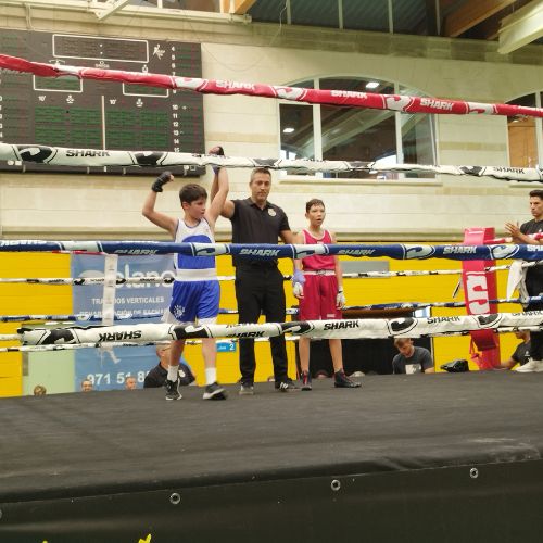 Competición de boxeo con joven levantando el brazo