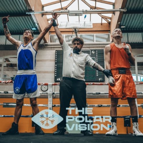 Boxeadores en combate con el árbitro en el centro